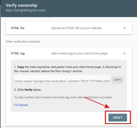 google search console ownership verify kare