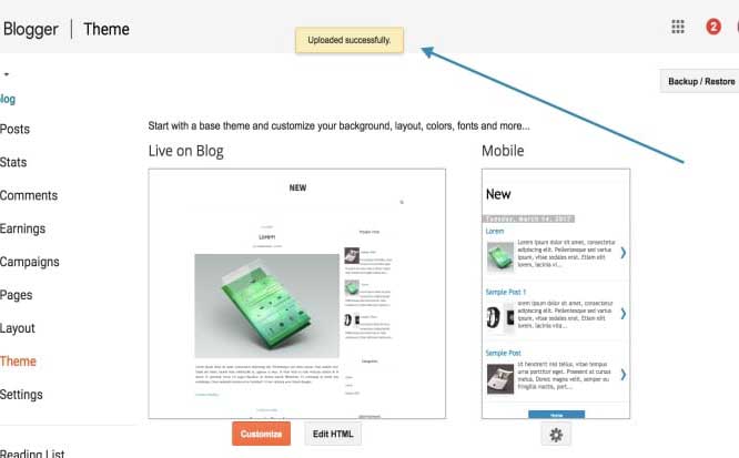 blogger theme successfully uploaded